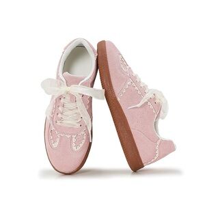 Women Dual Shoelace Casual Sneaker Elegant Ribbon Lace-Up Retro pink low top sz6